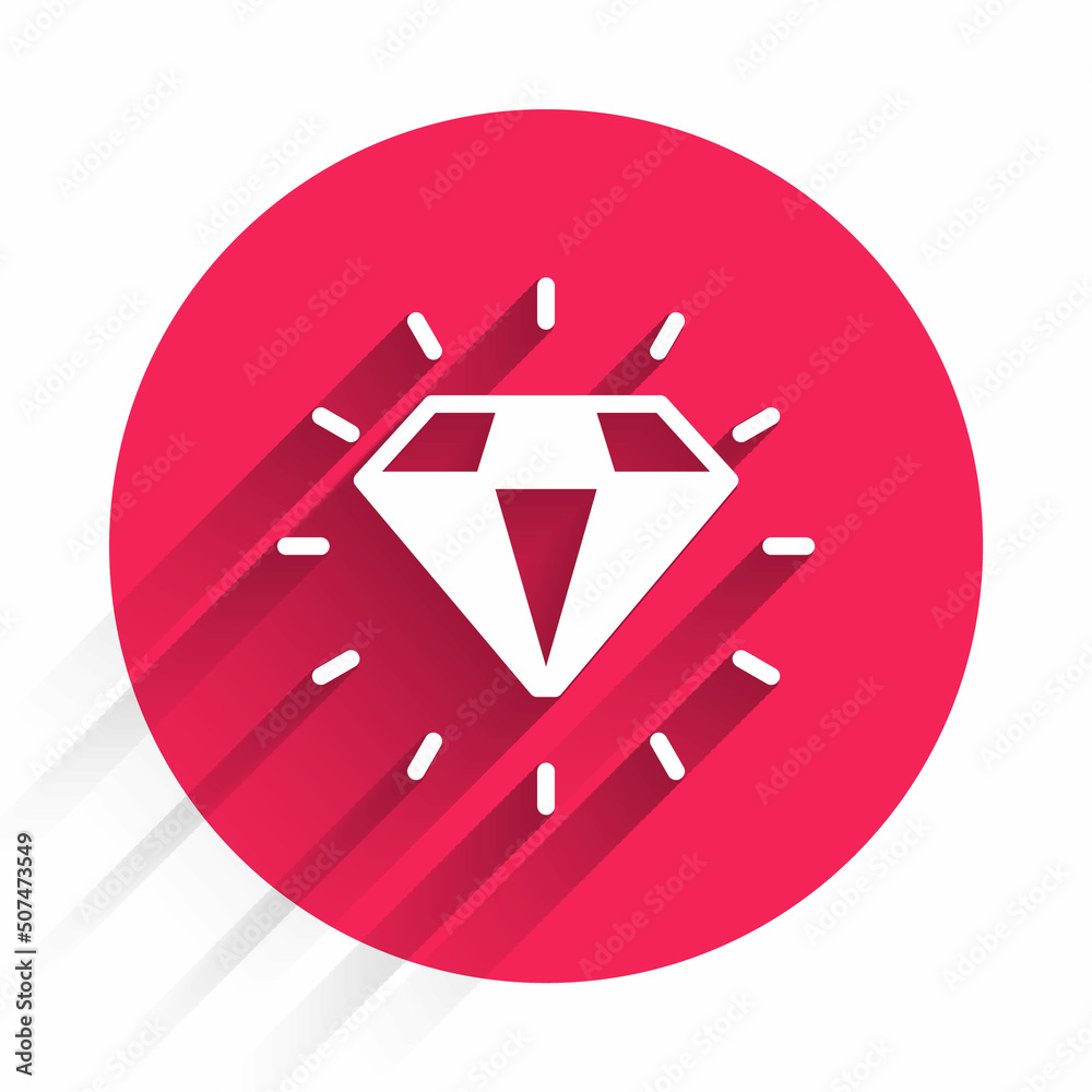 White Diamond icon isolated with long shadow background. Jewelry symbol. Gem stone. Red circle butto