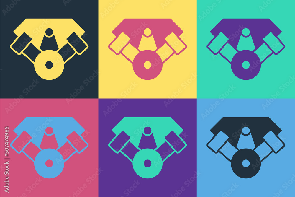 Pop art Power car engine icon isolated on color background. Vector