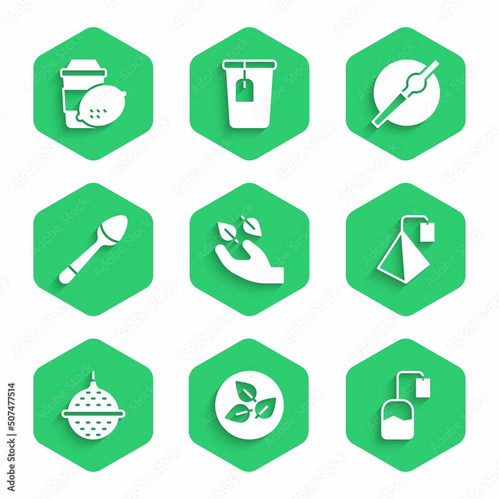 Set Tea leaf in hand, bag, Ball tea strainer, Teaspoon, Cigarette and Cup of with lemon icon. Vector