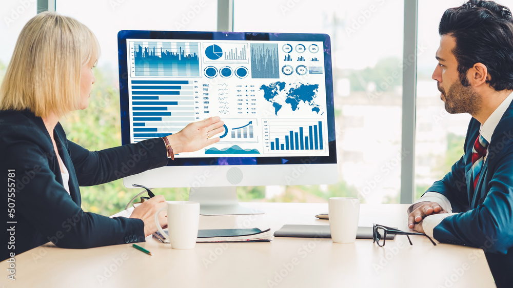 Business data dashboard analysis by ingenious computer software . Investment application display bus