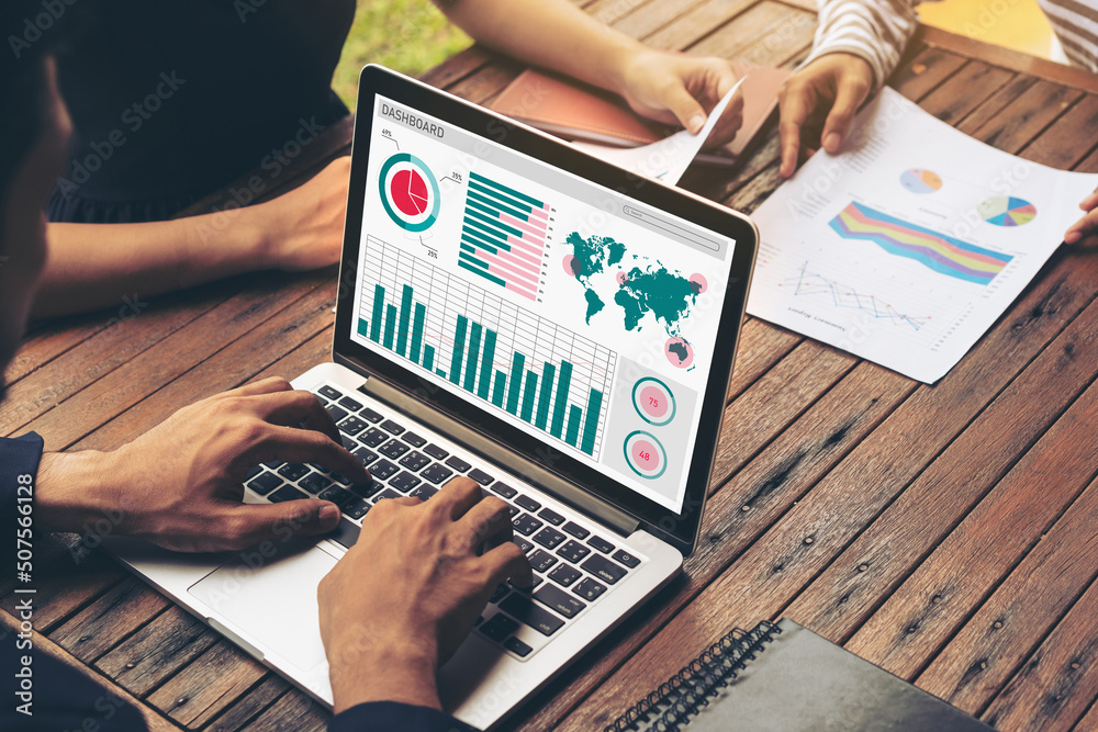 Business data dashboard analysis by ingenious computer software . Investment application display bus