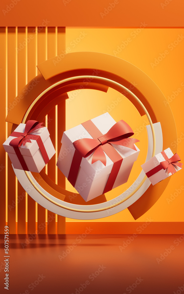 Gift box with orange interior scene, 3d rendering.