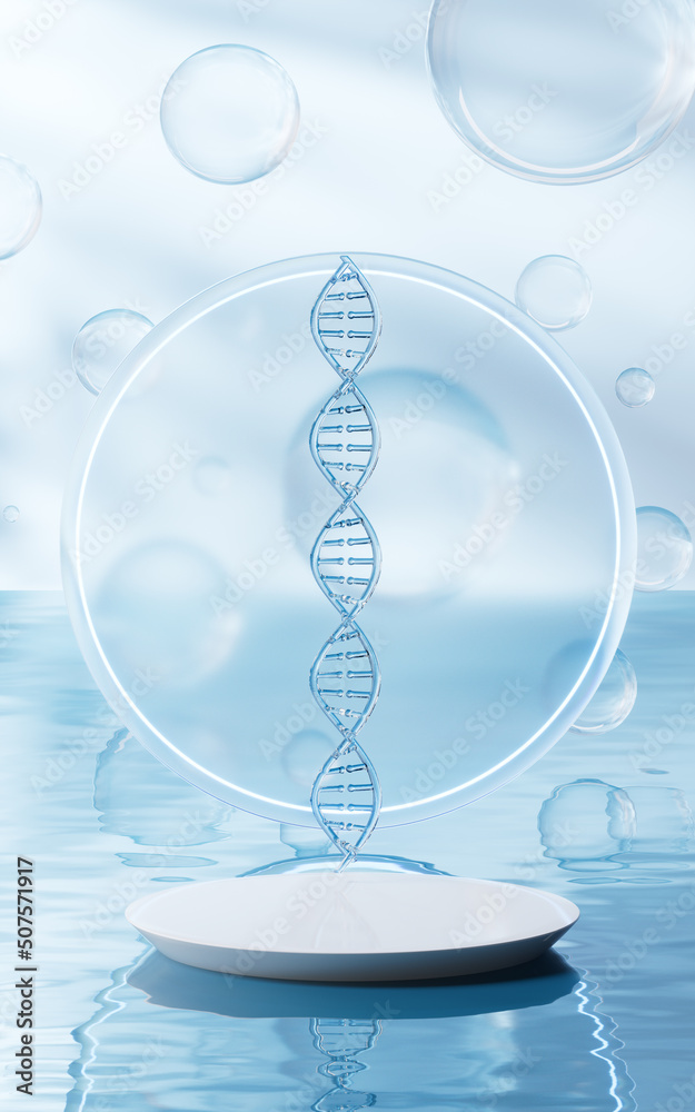 带有水面背景的DNA，三维渲染。