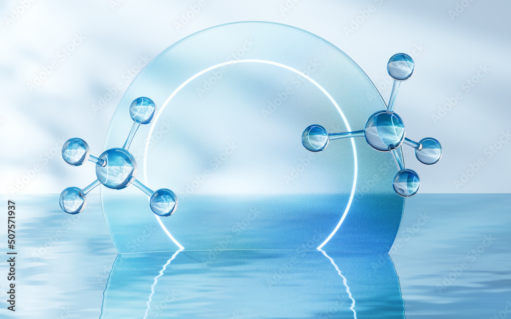 Molecule with water surface background, 3d rendering.