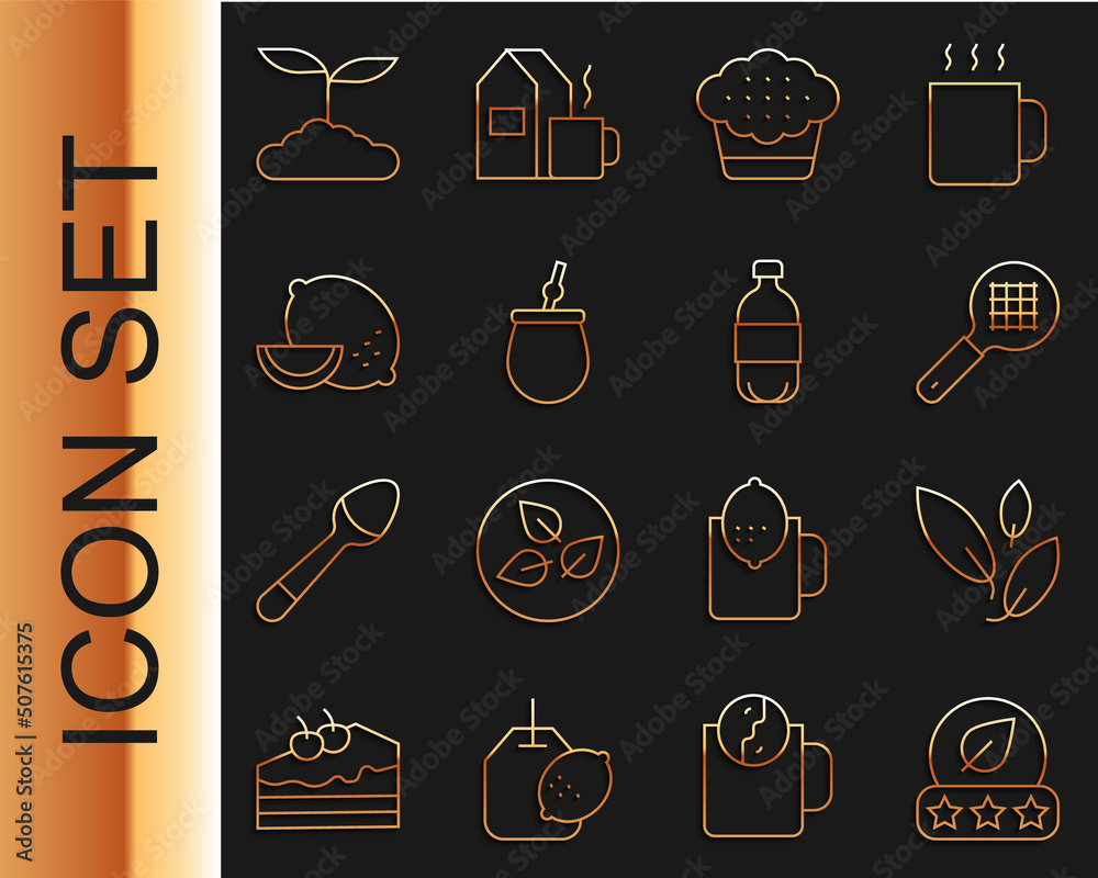 Set line Tea leaf, strainer with handle, Muffin, Mate tea, Lemon, and Bottle of water icon. Vector