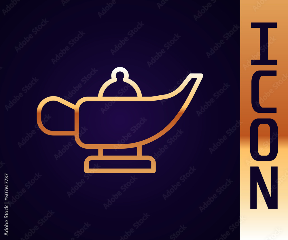 Gold line Magic lamp or Aladdin lamp icon isolated on black background. Spiritual lamp for wish. Vec