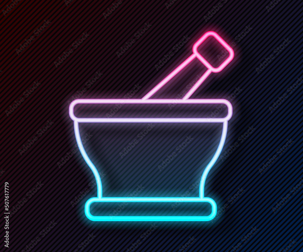 Glowing neon line Mortar and pestle icon isolated on black background. Vector