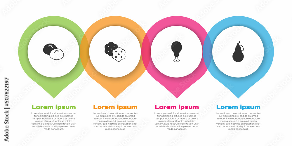 套装面包、饼干、鸡腿和梨。商业信息图模板。矢量