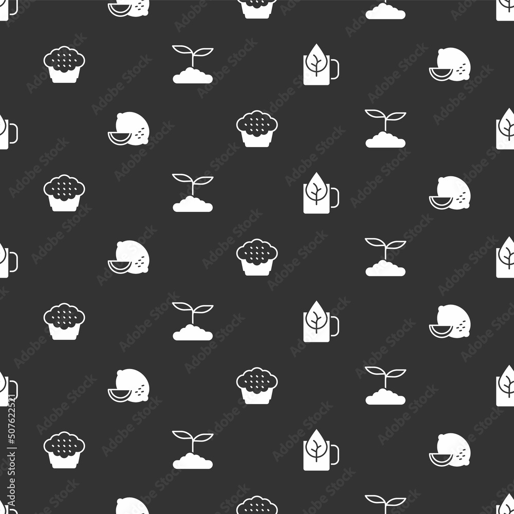 Set Cup of tea with leaf, Lemon, Muffin and Tea on seamless pattern. Vector