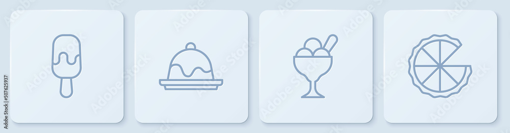 定型冰淇淋，碗里，蛋糕和自制馅饼。白色方形按钮。矢量