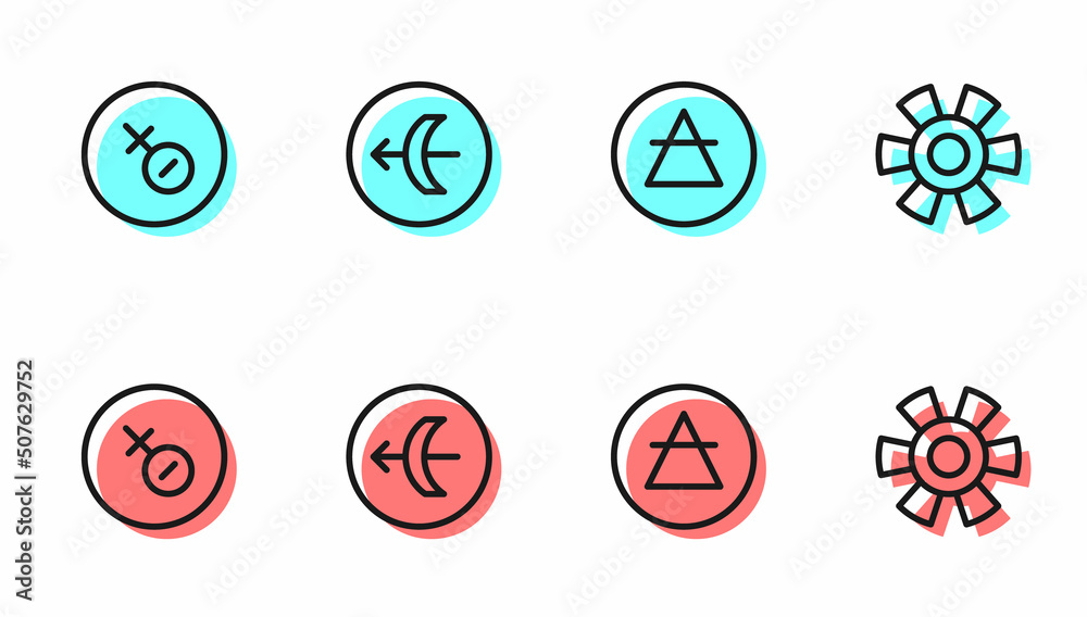 设定线条空气元素、金星符号、射手座黄道带和太阳图标。矢量