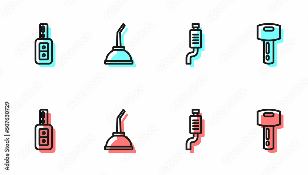 设置线路汽车消声器，带遥控器的钥匙，电机机油罐和图标。矢量