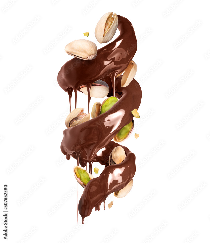 Spiral of chocolate with pistachios isolated on a white background