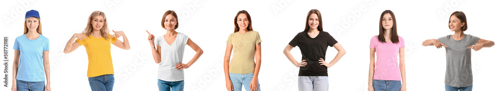 Set of beautiful young women in t-shirts isolated on white