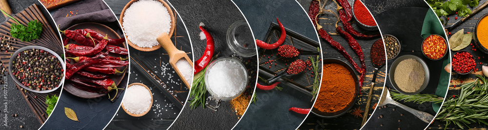 Collage with different aromatic spices on dark background, top view