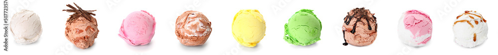 Set of tasty ice cream balls on white background