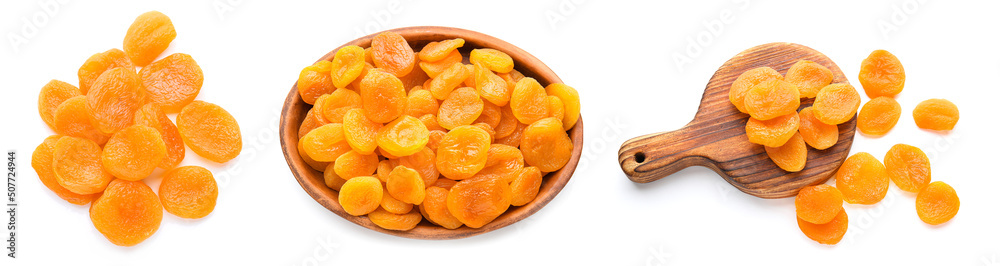 Set of tasty dried apricots isolated on white, top view