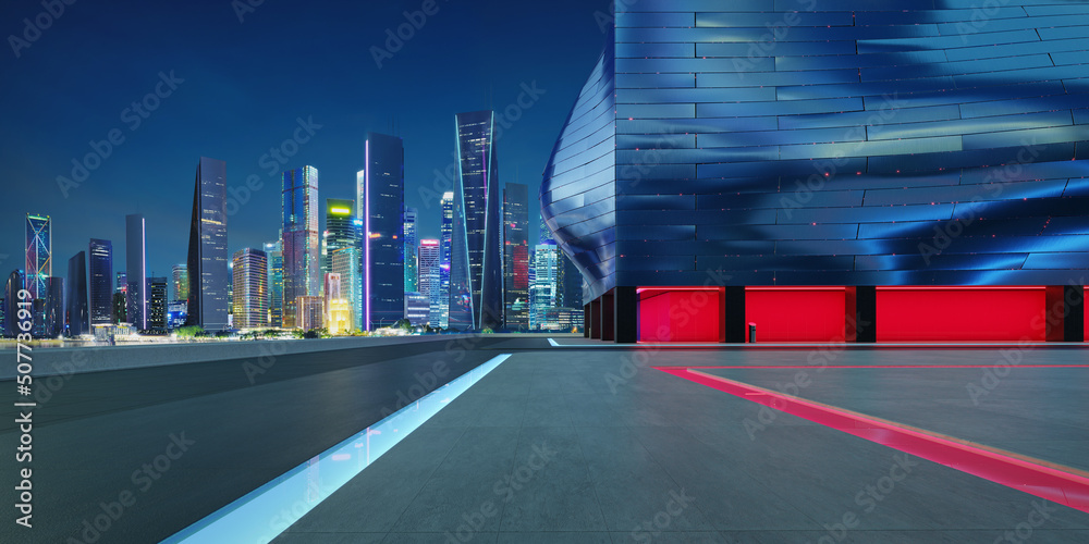 Perspective view of empty floor with modern building