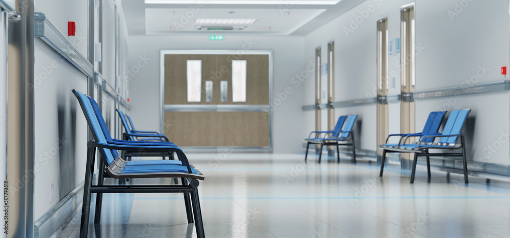 Long white hospital corridor with rooms and seats 3D rendering. Empty accident and emergency interio