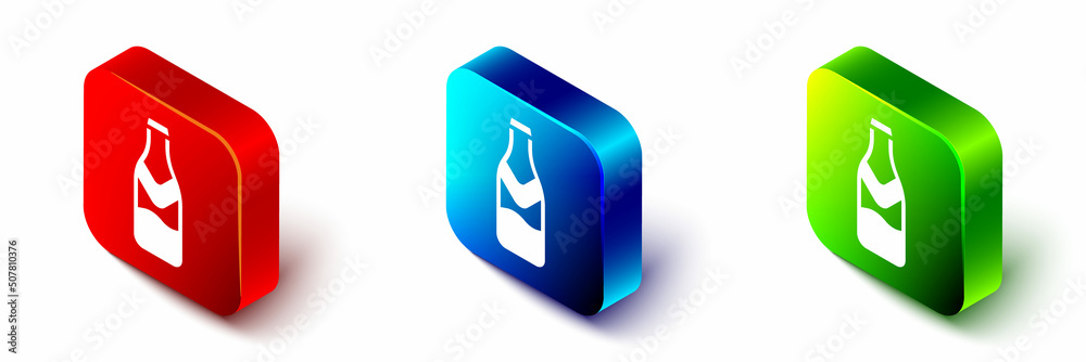 Isometric Beer bottle icon isolated on white background. Red, blue and green square button. Vector