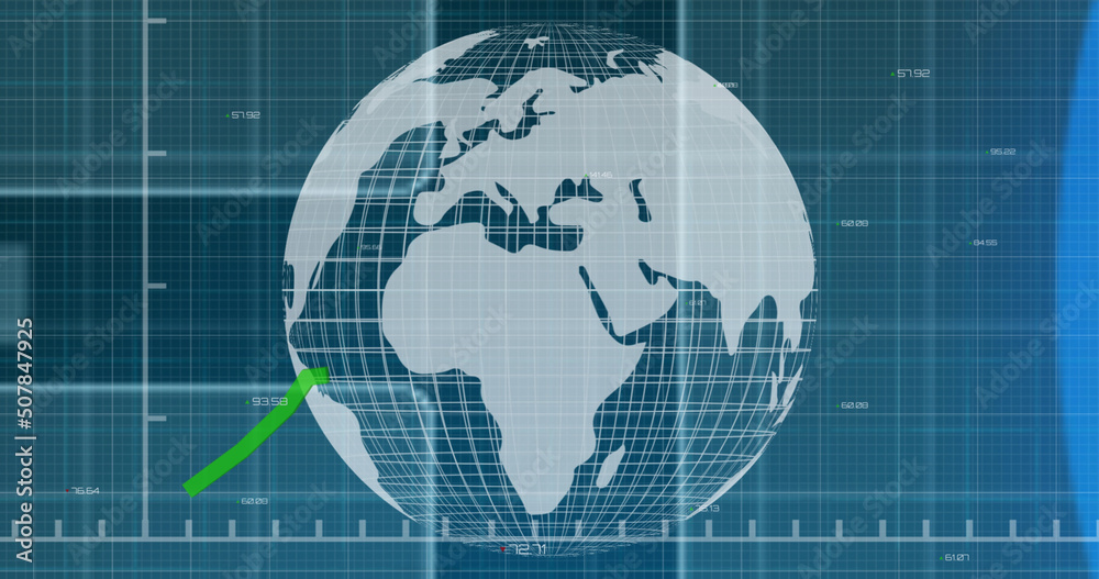 Image of financial data and graphs over globe rotating on green background