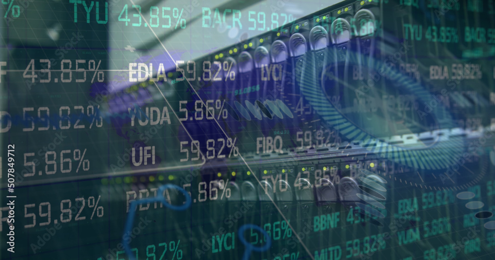 Stock market data processing and round scanner against close up of a computer server