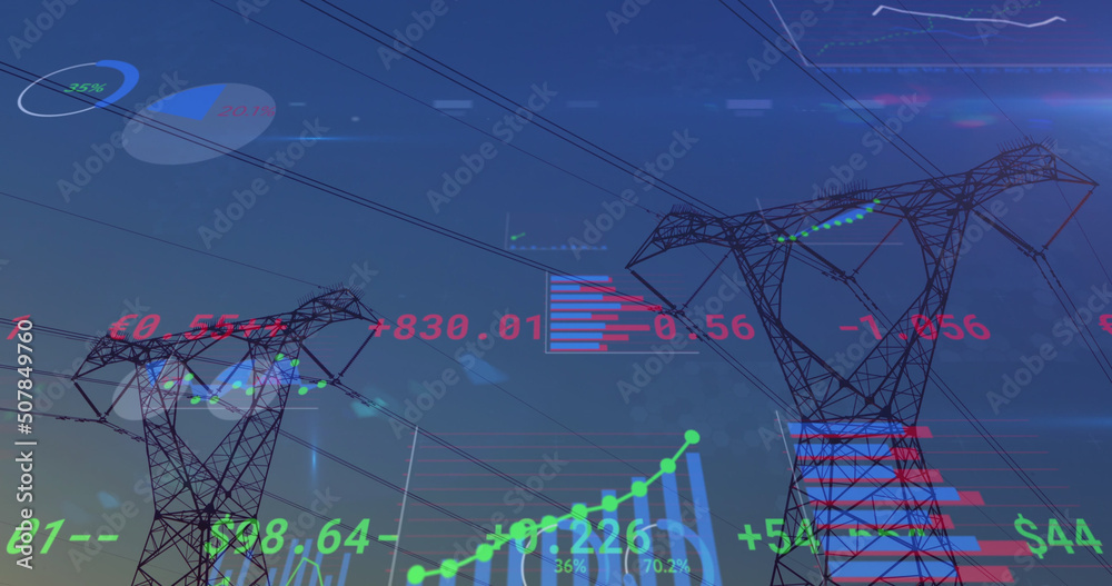 Financial data processing over high voltage towers against blue sky