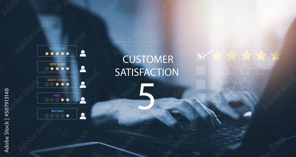 Hand using laptop with Customer review satisfaction feedback survey concept, User give rating to ser