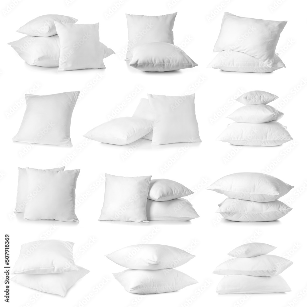 Set of many soft pillows isolated on white