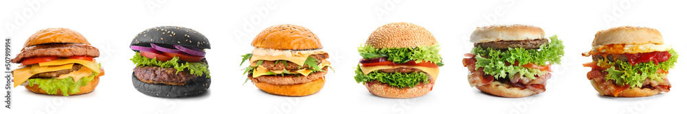 Set of different tasty burgers isolated on white