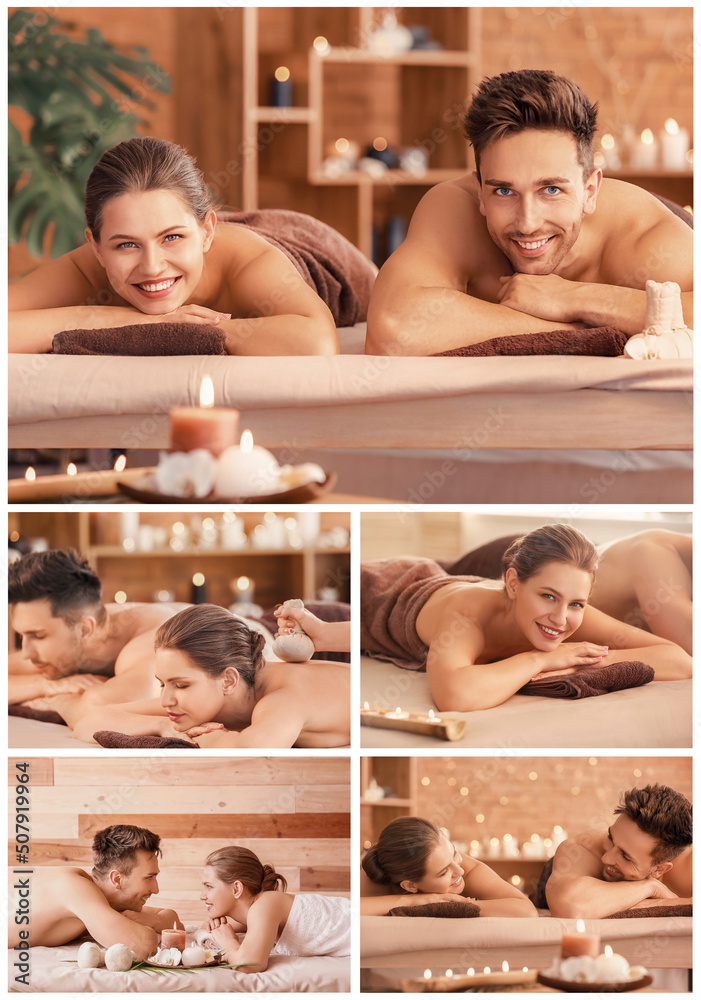 Collage with young couple relaxing in spa salon