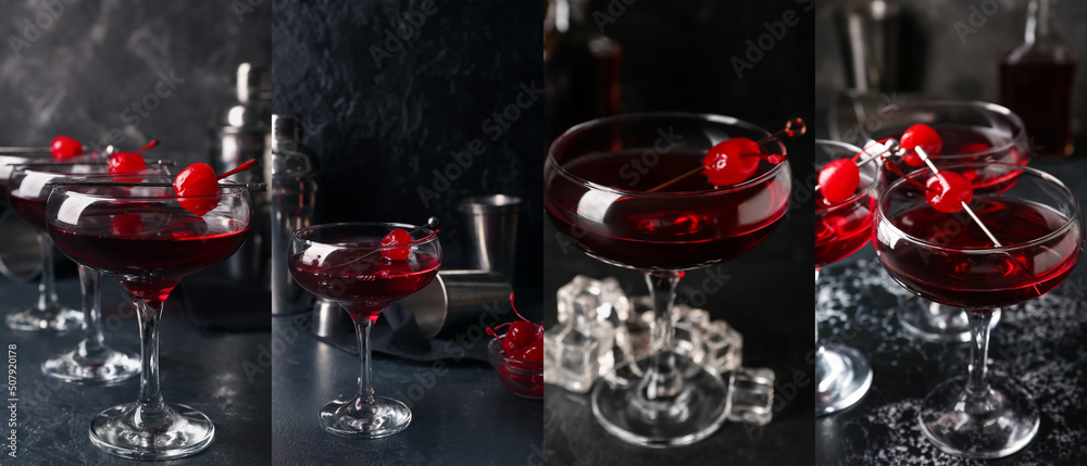 Collage with tasty Manhattan cocktails on dark background