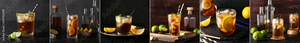 Glasses of tasty Long Island iced tea on dark background