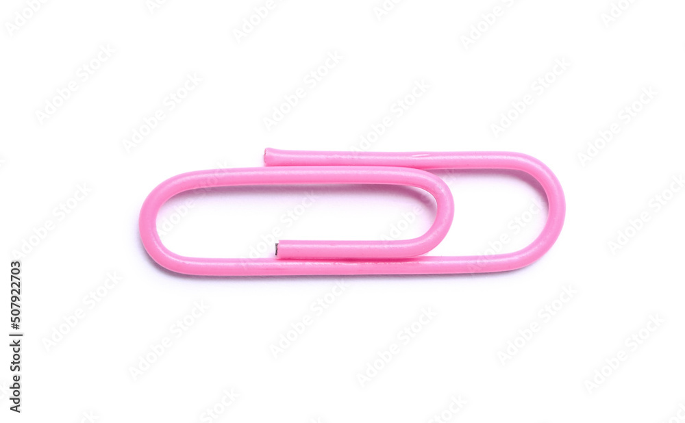 Pink paper clip on white background