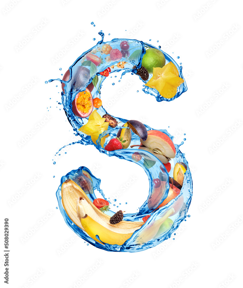 Latin letter S made of water splashes with different fruits and berries