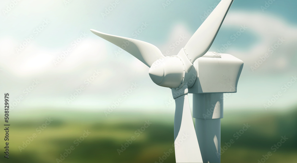 A close up of a electric power wind turbine producing energy in the countryside. 3D illustration.