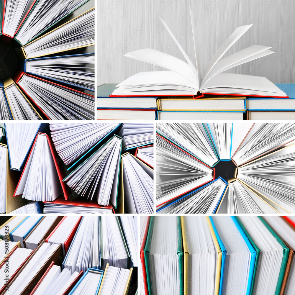 Collage with many different books