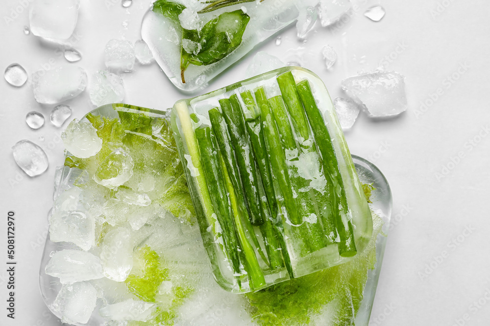 Fresh green onion and lettuce frozen in ice on light background