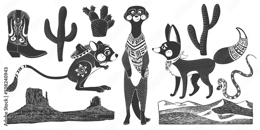 Ensemble danimaux et de plantes du désert dessiné à la main. Fennec, suricate, serpent, gerboise, c