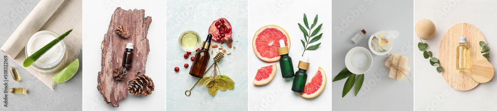 Collage with natural essential oils and ingredients on light background