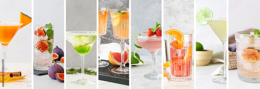 Collage with different delicious summer cocktails on light background