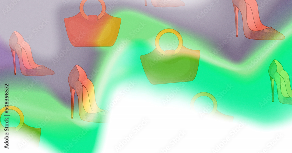 Image of bags and stiletto shoes on glowing wave background