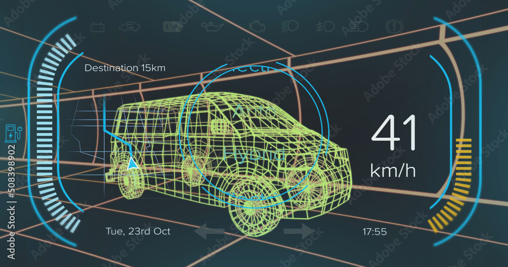 混合动力货车界面上的速度表、gps和充电状态数据图像，通过三维货车模型