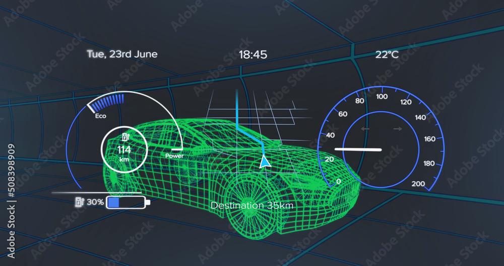 车辆界面上的速度表、gps和充电状态数据图像，通过三维汽车模型