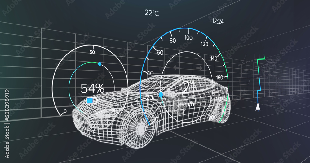 车辆界面上的速度表、gps和充电状态数据图像，通过三维汽车模型