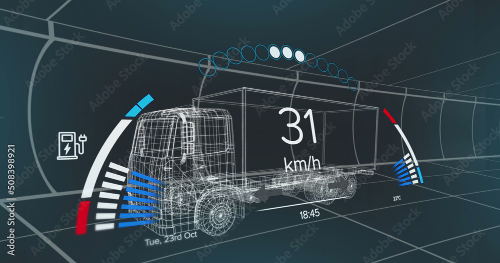车辆界面上的速度表、gps和充电状态数据图像，通过三维卡车模型