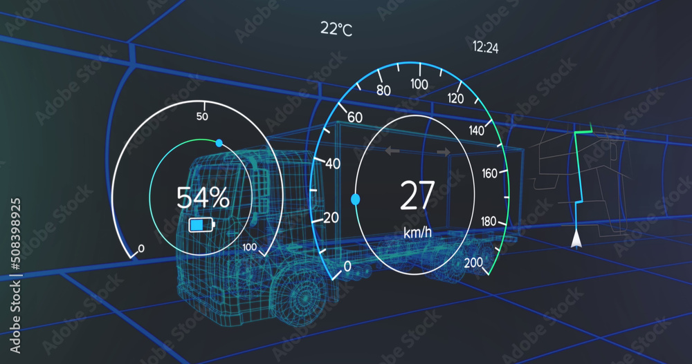 车辆界面上的速度表、gps和充电状态数据图像，通过三维卡车模型