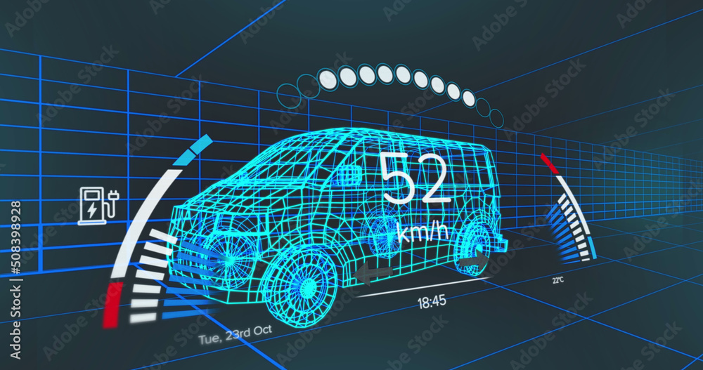 车辆界面上的速度表、gps和充电状态数据图像，通过三维面包车模型