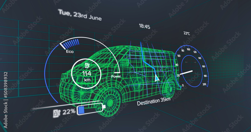 车辆界面上的速度表、gps和充电状态数据图像，通过三维面包车模型