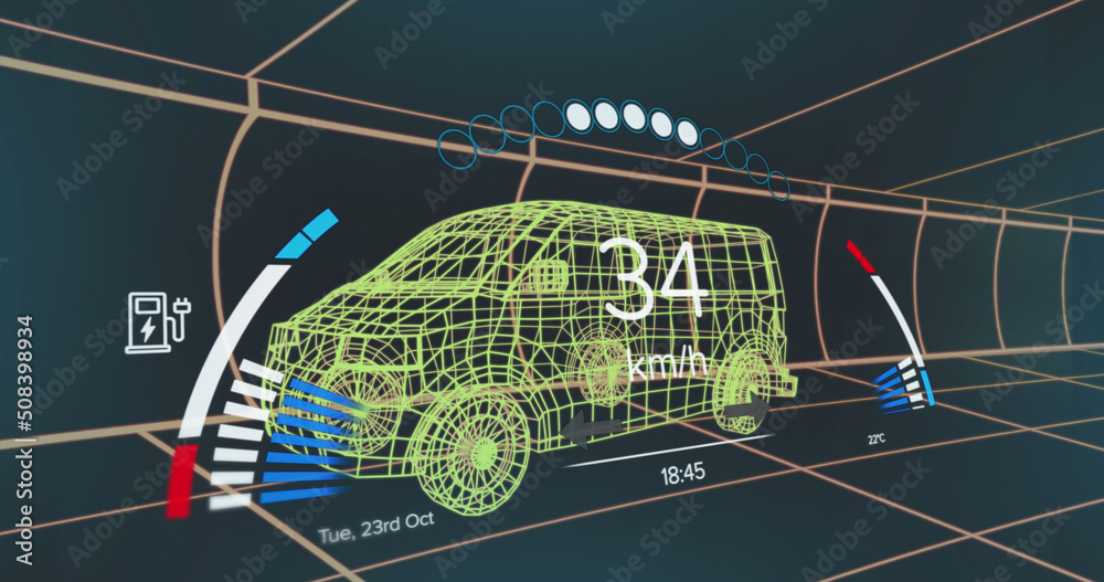 车辆界面上的速度表、gps和充电状态数据图像，通过三维面包车模型